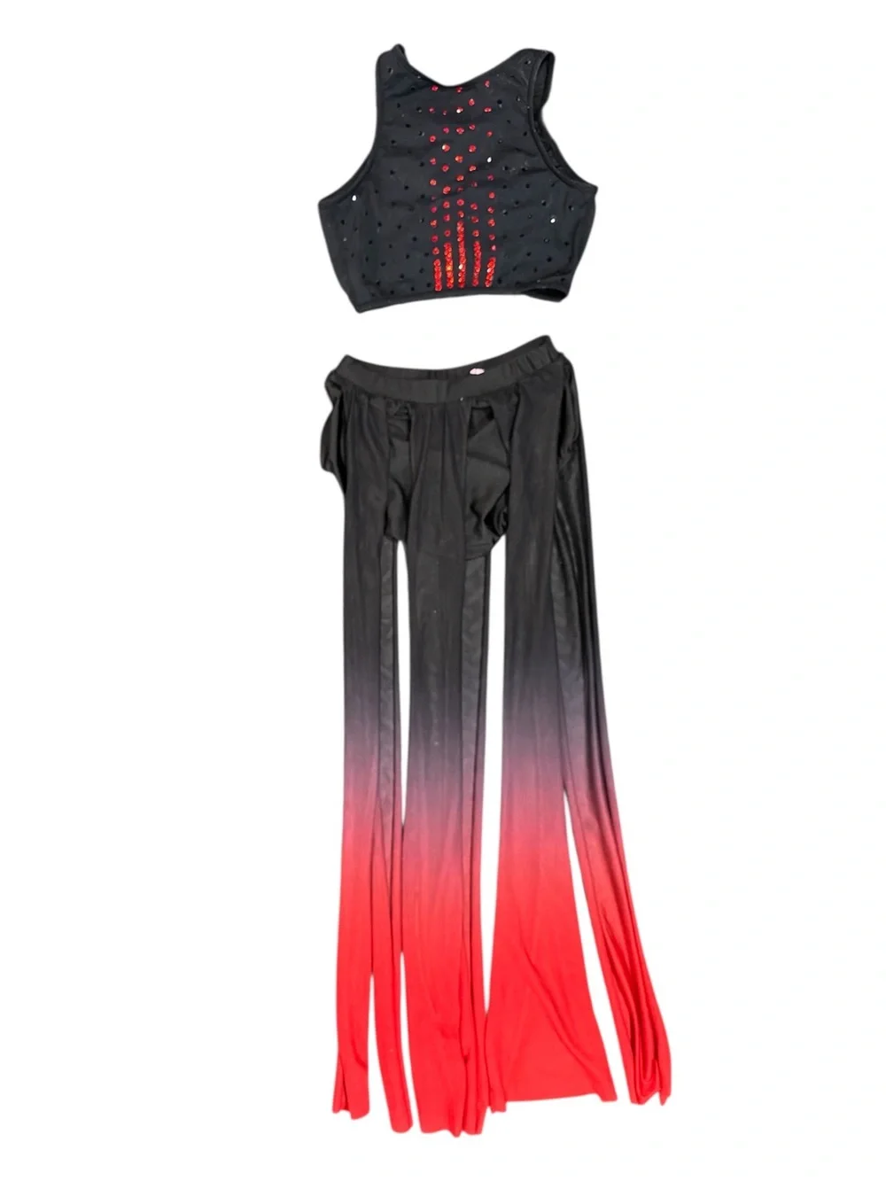 Weissman | Two Piece Black to Red Ombre Sheer Maxi Skirt Pinched Crop Top, LC